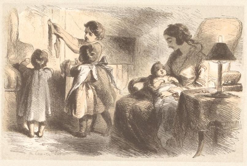 A Young Family Hangs Their Christmas Stockings
