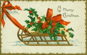 Merry Christmas Sled with Holly Leaves & Berries